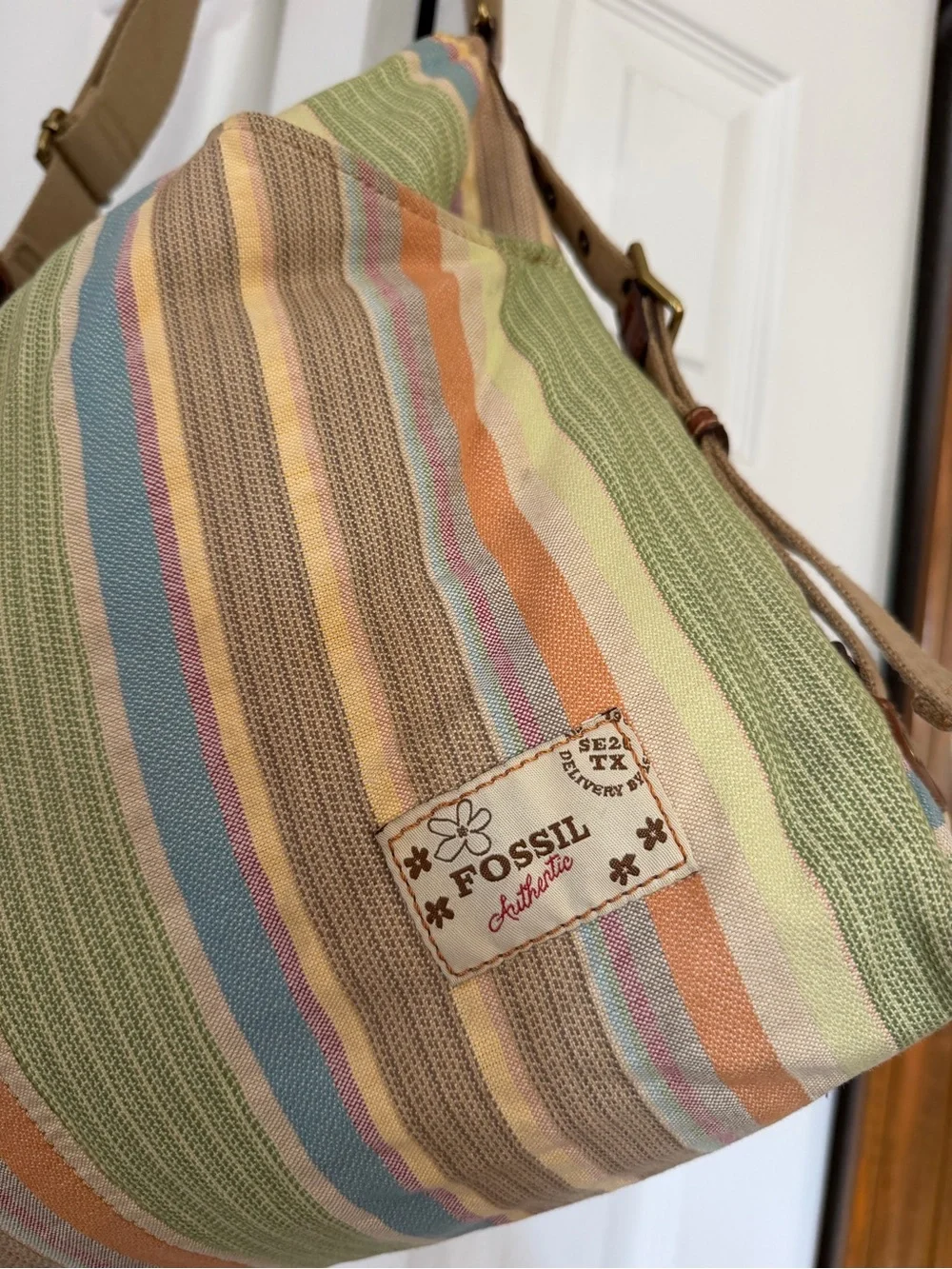 Vintage Fossil Pastel Striped Canvas Shoulder Bag Boho